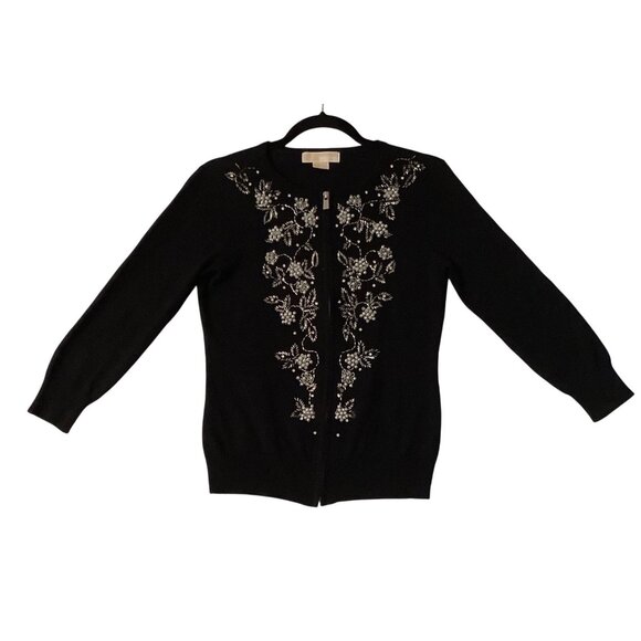 Michael Kors Women Medium Black Cardigan Sweater Beaded Floral Angora Cashmere - Picture 1 of 10
